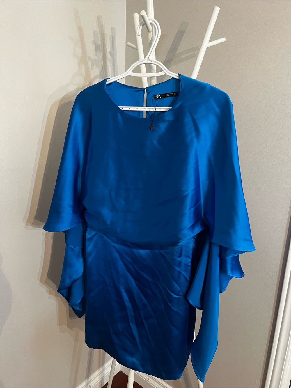 Zara Bright Blue Satin Mini Dress with Cape Sleeves - Picture 5 of 9